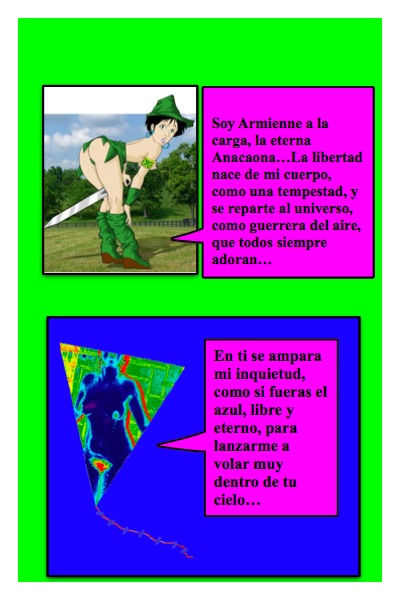 Tercer Papalote con Bandera de Armienne, hecho por Piero y Josán, con el papalote que le hiciera Ignacio a Armienne, para su Blog El Desnudo en el Arte, con historieta de Josán Caballero.