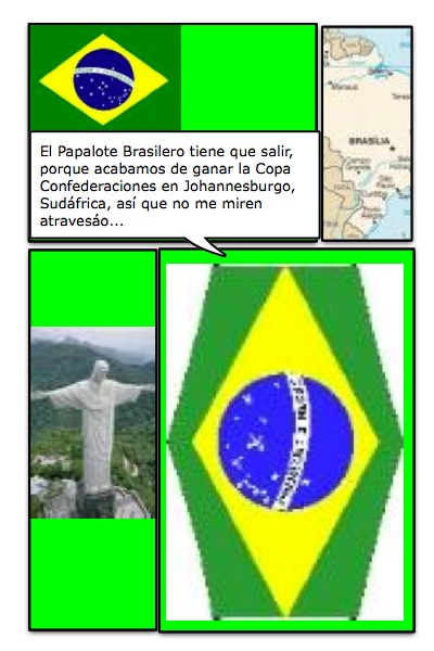 Papalote Bandera de Brasil, ganador de la Copa Confederaciones de la FIFA, disputada con Sudáfrica, desde Johannesburgo, con historieta de Josán Caballero.