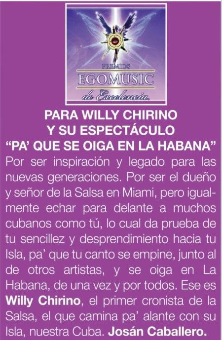 El premio que le entrega la Revista BRUJULAR DE MIAMI, a Willy Chirino, a través del artículo de Leyser Martínez, incluído en el primer número, que está en la calle el fin de semana que viene.