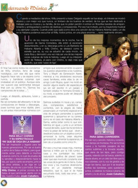 Página de la Revista BRUJULAR DE MIAMI, en donde se otorgan ambos Premios de Excelencia a Willy Chirino y Gema Corredera, respectivamente.