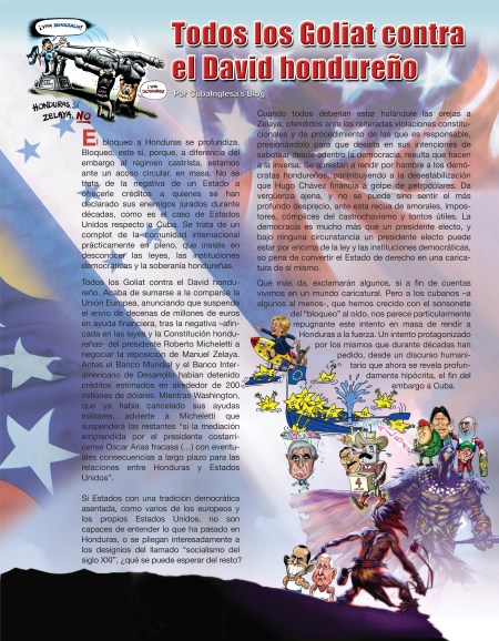 Otra página de la Revista BRUJULAR DE MIAMI, diseñada expresamente con diversas caricaturas internacionales, a manera de collage, que permiten expresar al Editor en Jefe Josán Caballero la multiplicidad y profundidad del texto de Armando Añel, del Blog CUBA INGLESA, quien estará presente en el lanzamiento, y recibirá uno de los Premios de Excelencia EGOBLOG.